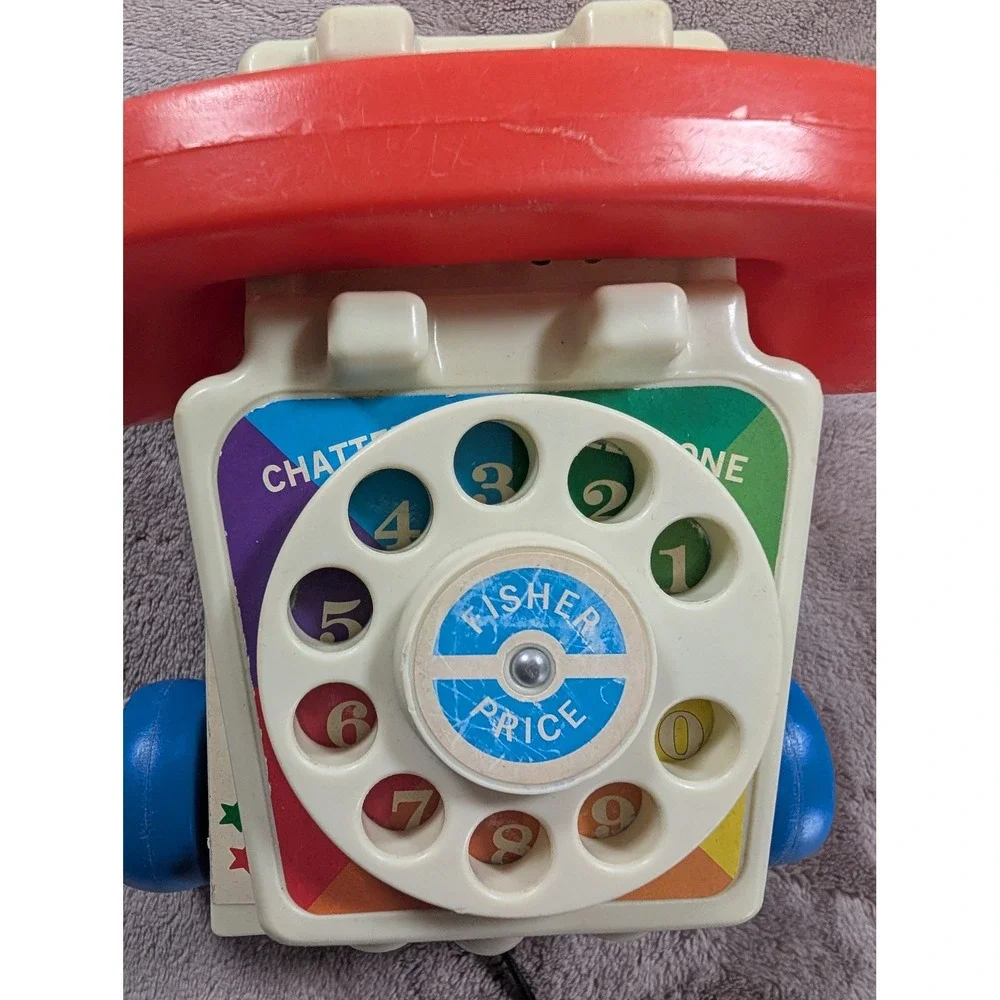 Fisher-Price Chatter Telephone White Red Blue Retro Rotary Pull Toy
